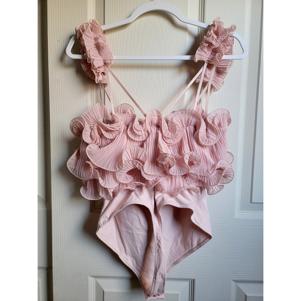Free People For The Frill Of It Bodysuit Pink‎ Ruffle Tulle Lace Size Medium - Picture 8 of 13